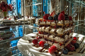 Close up of a creamy dessert slice with berry topping and chocolate syrup under cool lighting