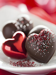 Fototapeta premium Elegant Dark Chocolate and Red Heart Confections with Festive Sprinkles : Generative AI