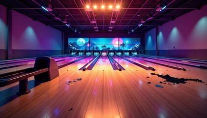 Torn down bowling alley with broken lanes and seats, wreckage, disarray