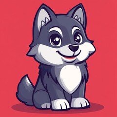 Obraz premium Adorable Cartoon Husky Puppy Sitting on Red Background
