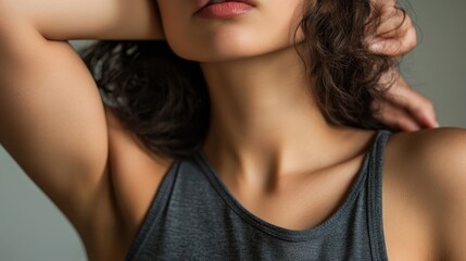 Fototapeta premium Close-up of a woman's arm and upper body, showcasing natural beauty.
