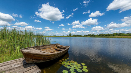 Obraz premium Tranquil Fishing Pond in the Countryside Surrounded by Lush Greenery and Sky