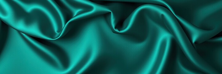 Dark teal green silk satin. Shiny smooth fabric. Soft folds. Luxury background with space for design. web banner. Flat lay, top view table. Birthday, Christmas, Valentine, New year