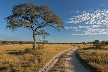 Obraz premium Scenic dirt road winding through golden savanna grassland under a clear blue sky, lone tree in foreground.