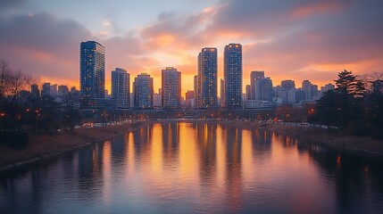 Obraz premium City Skyline Reflecting In Calm Water At Sunset