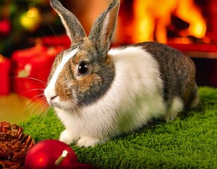 AI generated image of a domesticated bunny rabbit in a cozy Christmas setting.