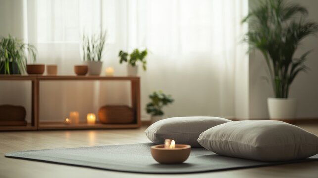 A peaceful home meditation and yoga space, Cushions, yoga mats