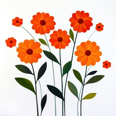 Orange marigolds in folk art style, white background, festive flowers