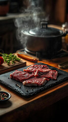 Fototapeta premium The cutting board on the table is filled with fresh beef and red wine