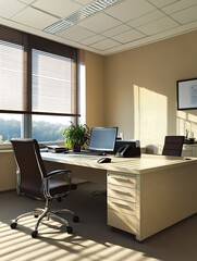 Tranquil Private Office with Cozy Wooden Furniture and Natural Lighting : Generative AI