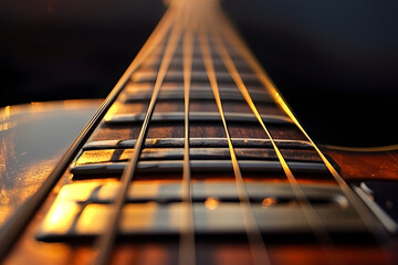 Close-Up Guitar Strings Golden Reflection on Wooden Neck : Generative AI