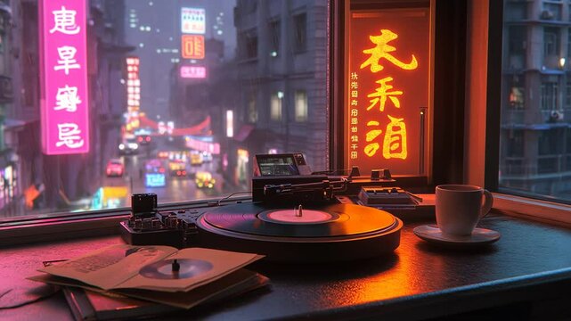 3D rendering of a vinyl record player on a table in a cyberpunk city, with neon lights, a coffee cup, and a book nearby. 