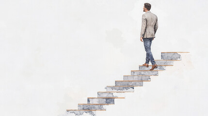 Business corporation competition. A man in a suit ascends stairs, symbolizing progress and ambition in a minimalist setting.