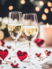 Elegant White Wine Setting with Heart Decorations and Candlelight Ambiance for Romantic Occasions : Generative AI