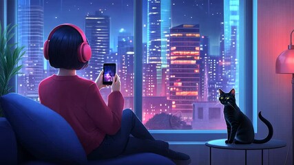 A girl with short hair wearing headphones is sitting on the sofa in front of her window, looking at an anime-style cityscape. A black cat sits next to her,