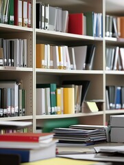 Organized Bookshelves in Modern Office Setting With Documents and Colorful Folders : Generative AI