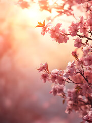 Serene Sunset Illumination with Blossoming Cherry Blossoms in Tranquil Spring Atmosphere : Generative AI