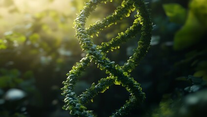 Obraz premium Lush green foliage forming a DNA double helix in sunlight.
