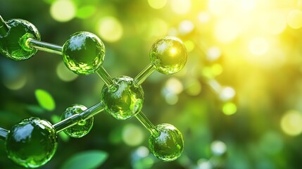 A close-up of green, carbon-based molecules, with sunlight filtering through leaves in the background.highlighting its eco-friendly nature.
