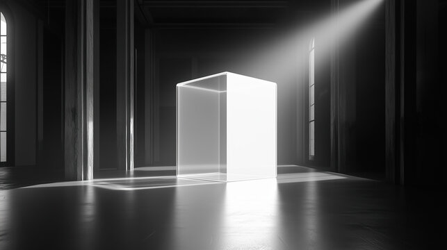 Empty Cyclorama with Dark Lighting and Transparent Glass Cube Display