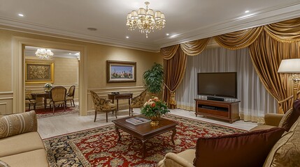 Luxurious living room with ornate decor, plush furniture, and elegant chandelier.