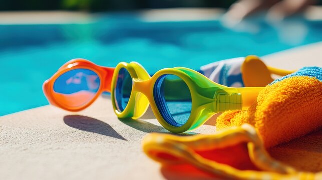Kidsâ€™ swimming goggles in vibrant colors, lying next to playful swim gear on a sunny poolside, evoking fun and safety --ar 16:9 --v 6.1 Job ID: 27a6de6c-dc37-45de-b704-232710e51c3b