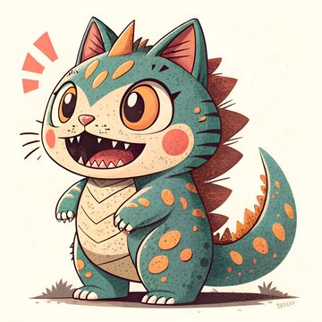 cat zilla cute cartoon illustration retro color japanese monster reptile