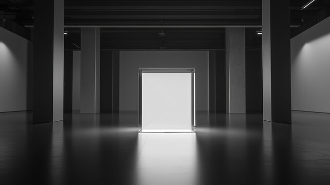 Minimalist Glass Cube on Empty Monochrome Cyclorama with Dramatic Lighting