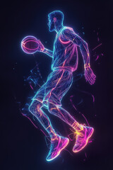 Dynamic neon silhouette of basketball player in action.