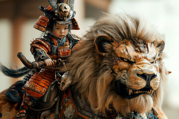 A child riding a lion in ornate armor, showcasing bravery.
