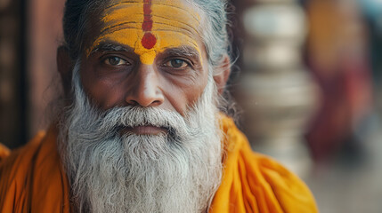 Obraz premium Portrait of a Wise Elderly Man with Spiritual Markings and Peaceful Gaze : Generative AI