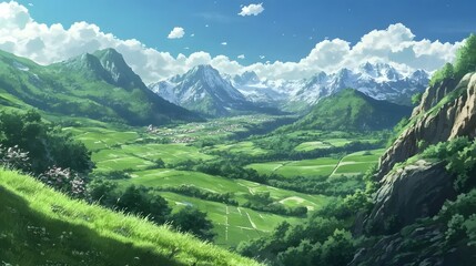 Fototapeta premium Green mountains, clear skies, flowing valleys in anime style
