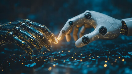 A robot hand is holding another robot hand. The two hands are glowing with a bright orange light. Concept of connection and unity between the two robots