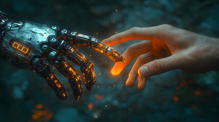 A robot hand is holding another robot hand. The two hands are glowing with a bright orange light. Concept of connection and unity between the two robots