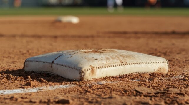 Close-up of a baseball or softball base in the dirt with visible wear and field texture - Powered by Adobe