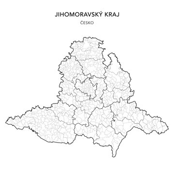 Political Vector Map of the South Moravian Region (Jihomoravsk&yacute; kraj) with Districts, AD MEC, AD CLA, Municipalities, Brno City Districts and Cadastral Territories - Czechia/Czech Republic (Česko)