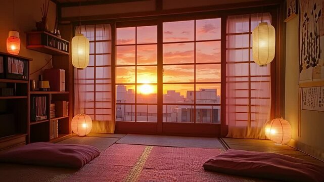 A cozy room with tatami mats, a sunset visible through the window, and soft pink lights from lanterns, in the style of an anime.