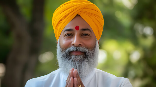Smiling Sikh Man in Traditional Attire Offering a Gesture of Peace Outdoors : Generative AI