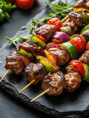 Grilled Beef Skewers with Colorful Bell Peppers and Red Onions on Slate Serving Tray : Generative AI