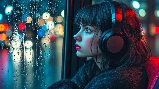 A young woman with headphones sits in a bus, gazing out the window at the rain and city lights. It's a close-up, side-view portrait, 