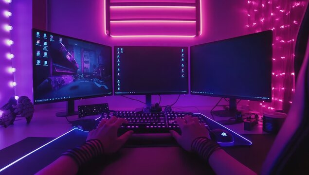 Person gaming on a triple monitor setup with vibrant pink and blue LED lighting.
