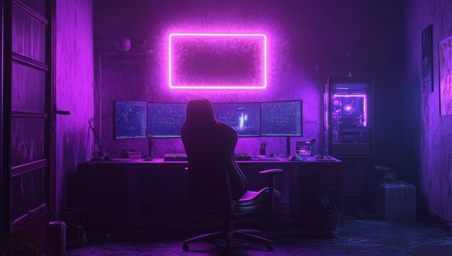 Gamer sitting in purple-lit room with triple monitors.