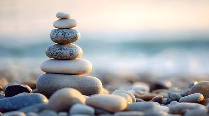 Fototapeta premium Balanced Stone Cairns on Pebble Beach at Sunrise Evoking Calmness and Stability in Nature : Generative AI