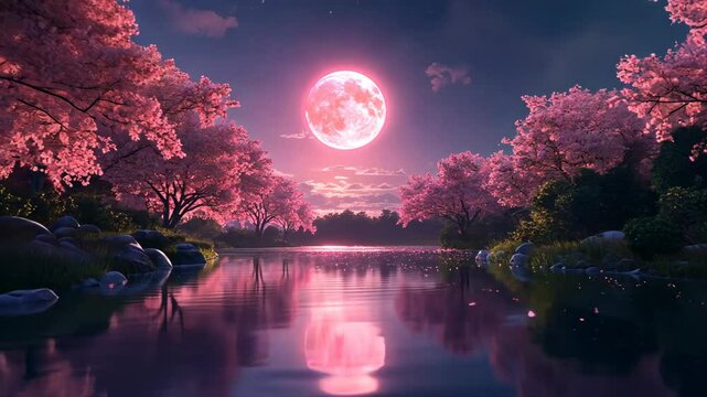 Pink moon over the water, pink trees on both sides of river, glowing sky with stars, fantasy, cinematic, high resolution, high detail, hyper realistic, wide angle