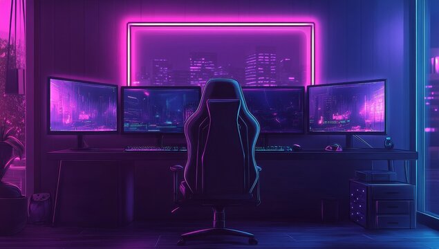Neon-lit gaming setup with triple monitors, chair, and city backdrop.