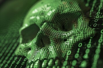 Digital green skull made of binary code symbolizes cyber threats and hacking risks in technology