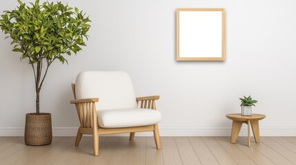 Cozy and Modern Living Room Space with Minimalist Chair and Potted Plants Against White Wall