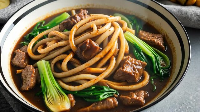 Video footage of bowl of savory beef noodle soup with thick noodles, tender beef chunks, and vibrant green bok choy in a rich broth