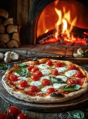 A mouthwatering Neapolitan pizza with mozzarella, cherry tomatoes and basil on an old wooden table in front of the fire pit inside a rustic wood oven kitchen. 