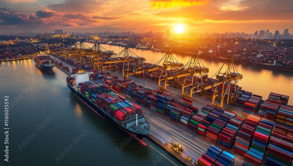 Poster aerial view of a busy container port at sunset.